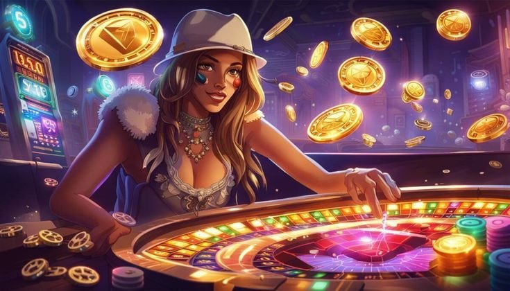 Antarmuka permainan slot virtual dengan tema cahaya neon futuristik dan jackpot